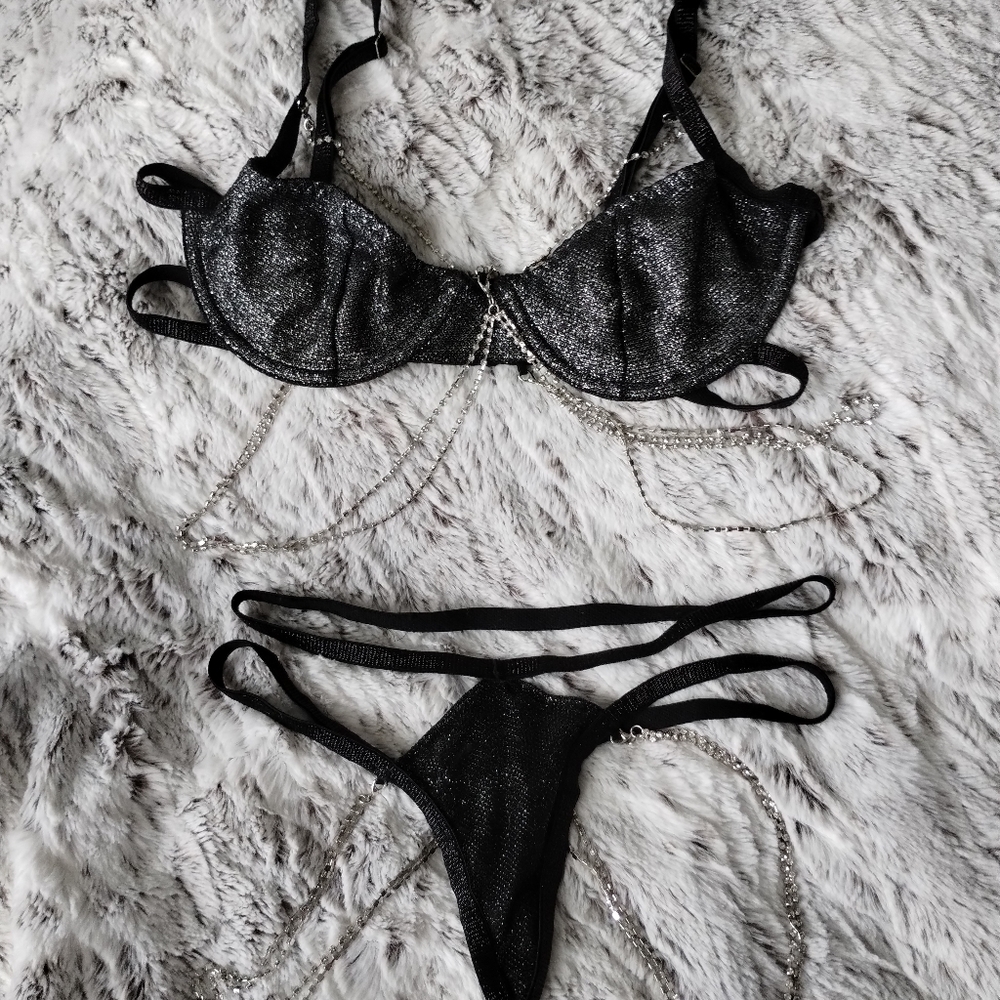 Rhinestone chain bra and thong matching lingerie set